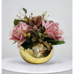 Arranjo Flores Rosas Vaso Dourado 30x25cm