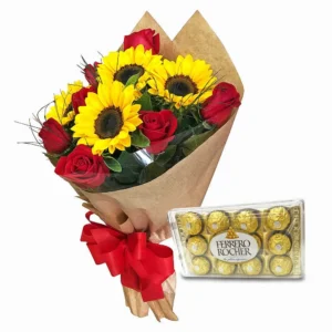 Buquê de Rosas e Girassóis com Ferrero Rochedo