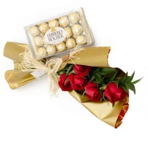 Buquê de 5 Rosas Vermelhas com Ferreiro Rochedo