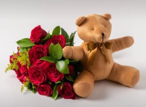 Buquê de 12 Rosas Vermelhas e Pelúcia